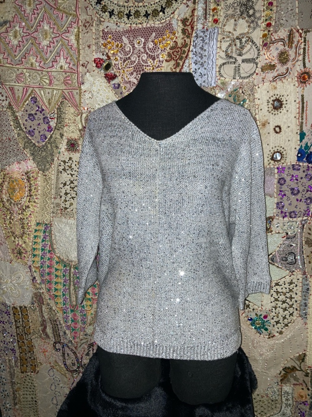 WD.NY Silver V-Neck Sequin Knit Sweater